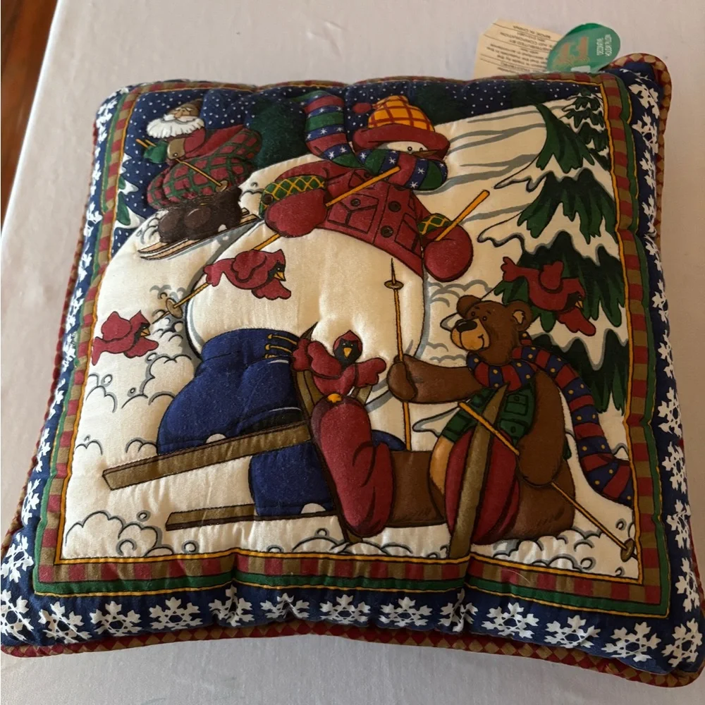 Festive Bear Skiing Holiday Pillow
